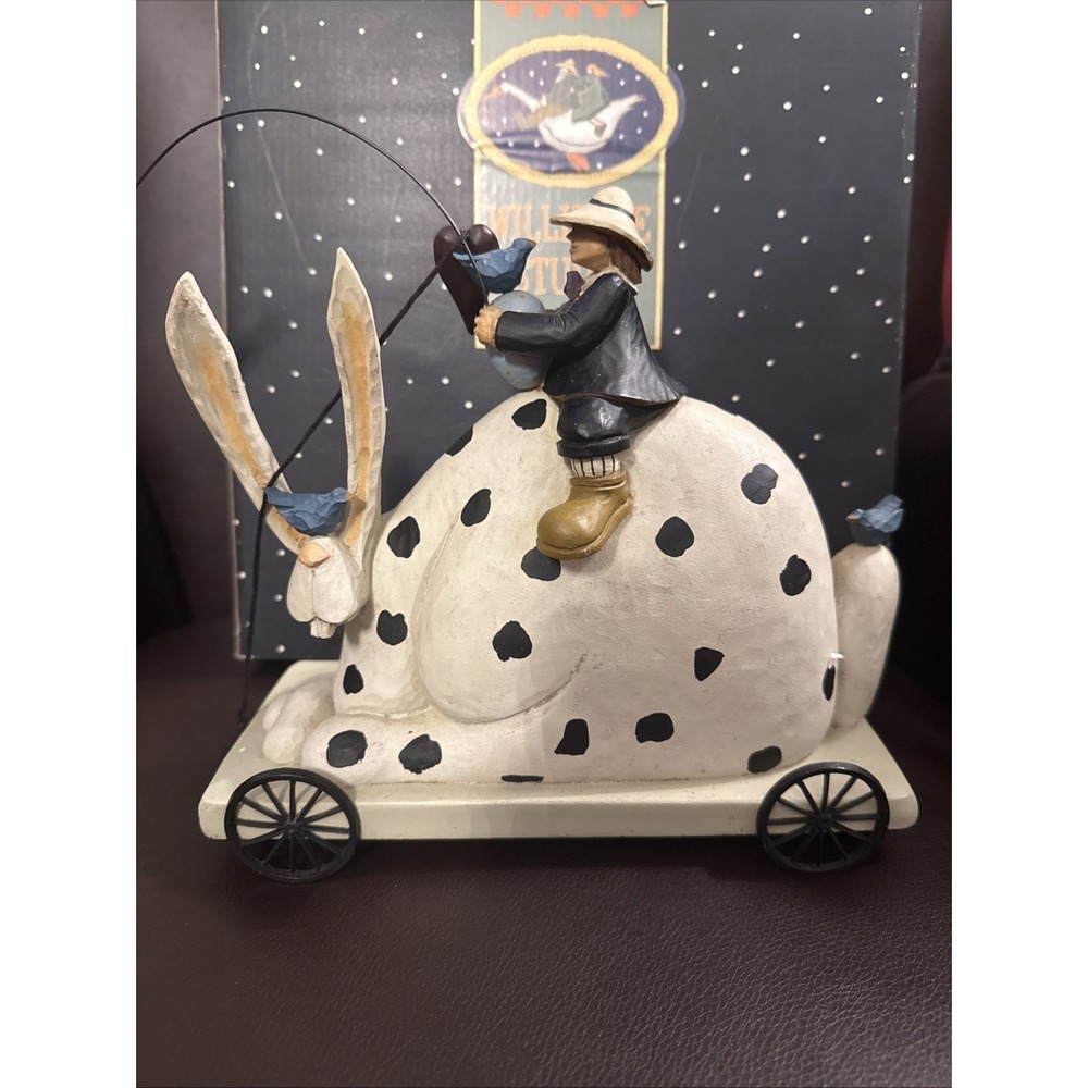 Williraye Studio Figurine Boy Riding Spotted Rabbit Folk Art White Black Decor